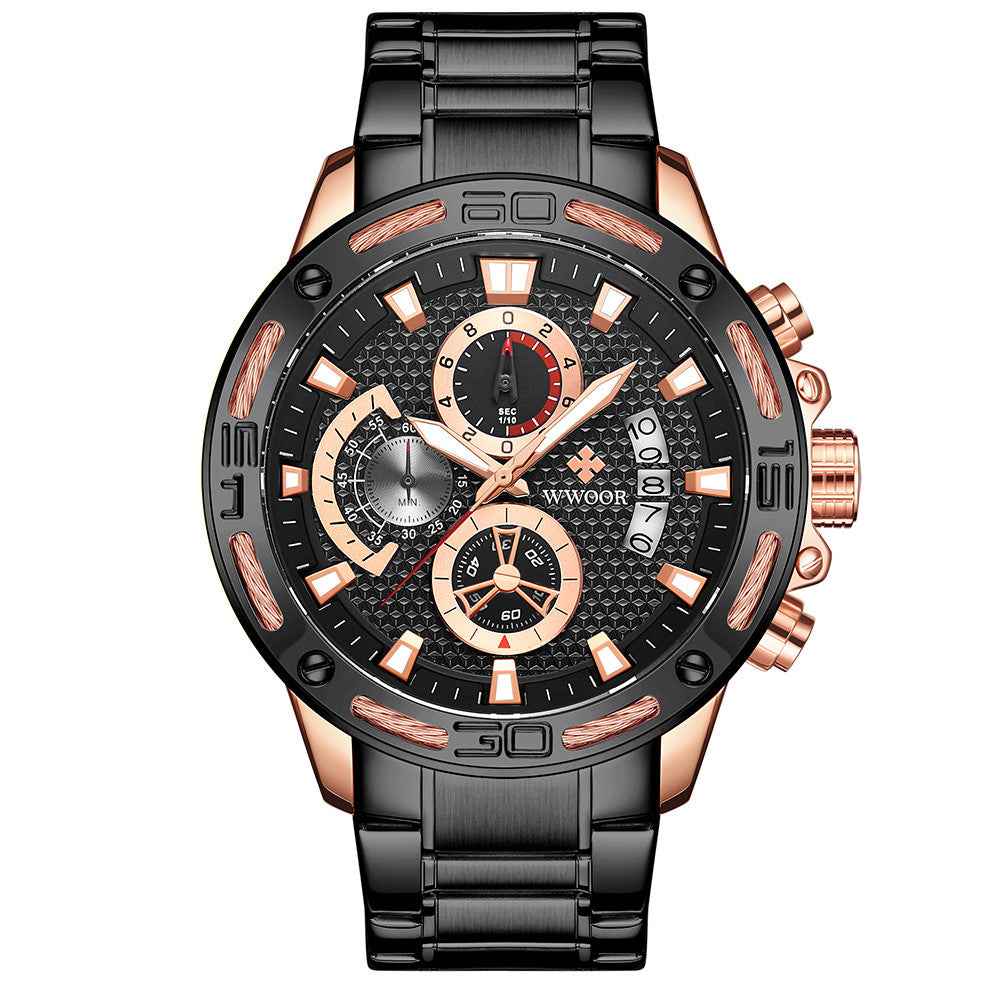 WWOOR Fashion Mens Watch - Gold Steel Quartz Chronograph
