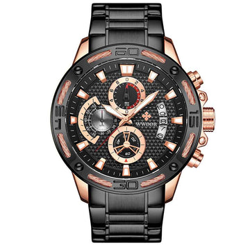 WWOOR Fashion Mens Watch - Gold Steel Quartz Chronograph