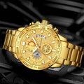 WWOOR Fashion Mens Watch - Gold Steel Quartz Chronograph